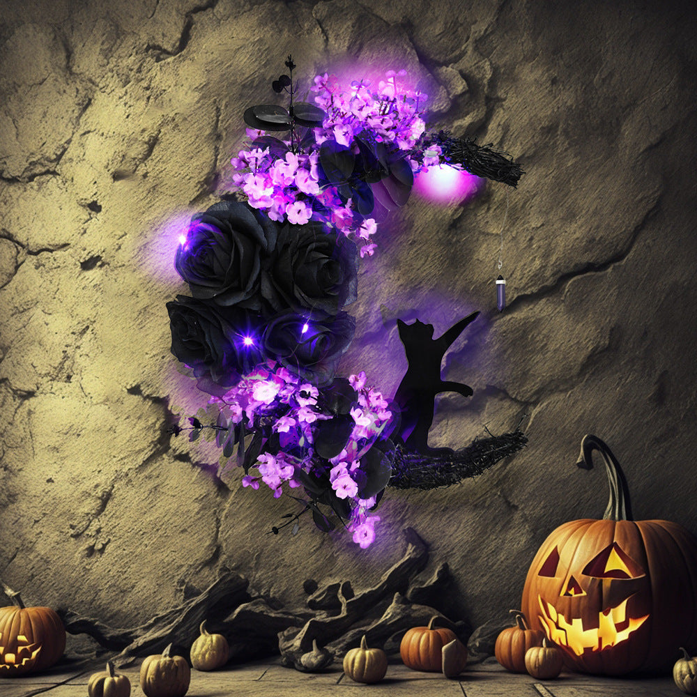 Halloween Moon Cat Wreath Decoration LED Black Rose Dry Branch Artificial Vine Circle Ornament Props
