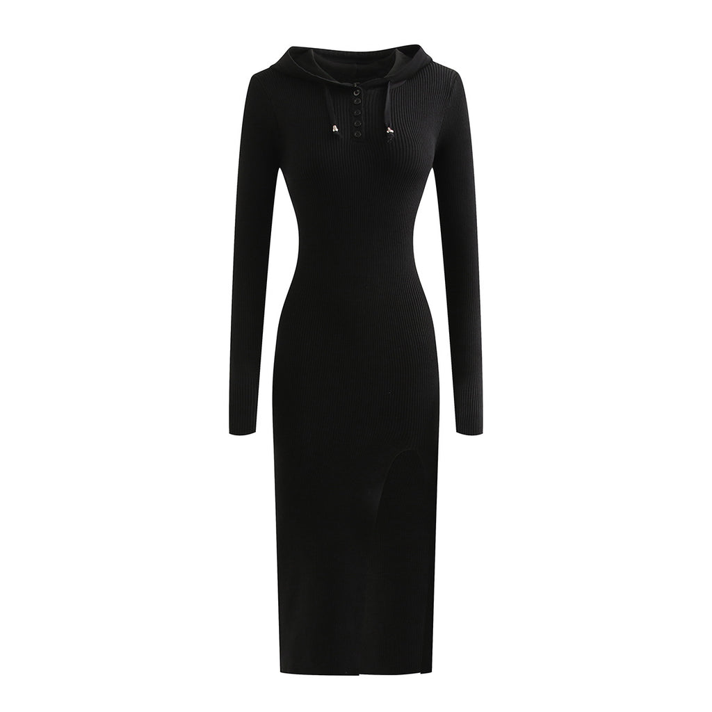 Long Sleeve Hooded Knit Dress with Side Slit Over Knee Slim Fit Pencil Dress