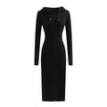 Long Sleeve Hooded Knit Dress with Side Slit Over Knee Slim Fit Pencil Dress