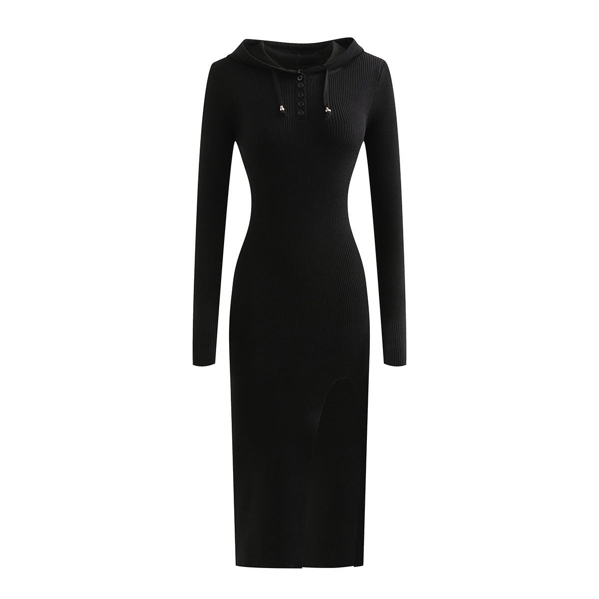 Long Sleeve Hooded Knit Dress with Side Slit Over Knee Slim Fit Pencil Dress