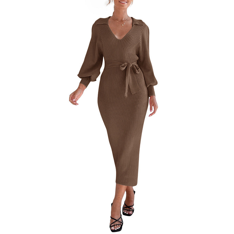 Long Lantern Sleeve Waist Cinching Long Knitted Sweater Dress
