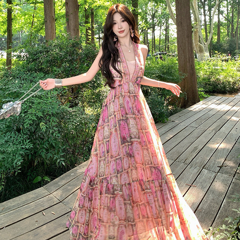 Summer V-neck Halter Fashionable Luxury Tarot Print Chiffon Flared Long Dress