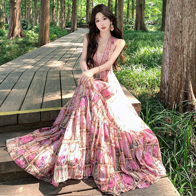 Summer V-neck Halter Fashionable Luxury Tarot Print Chiffon Flared Long Dress