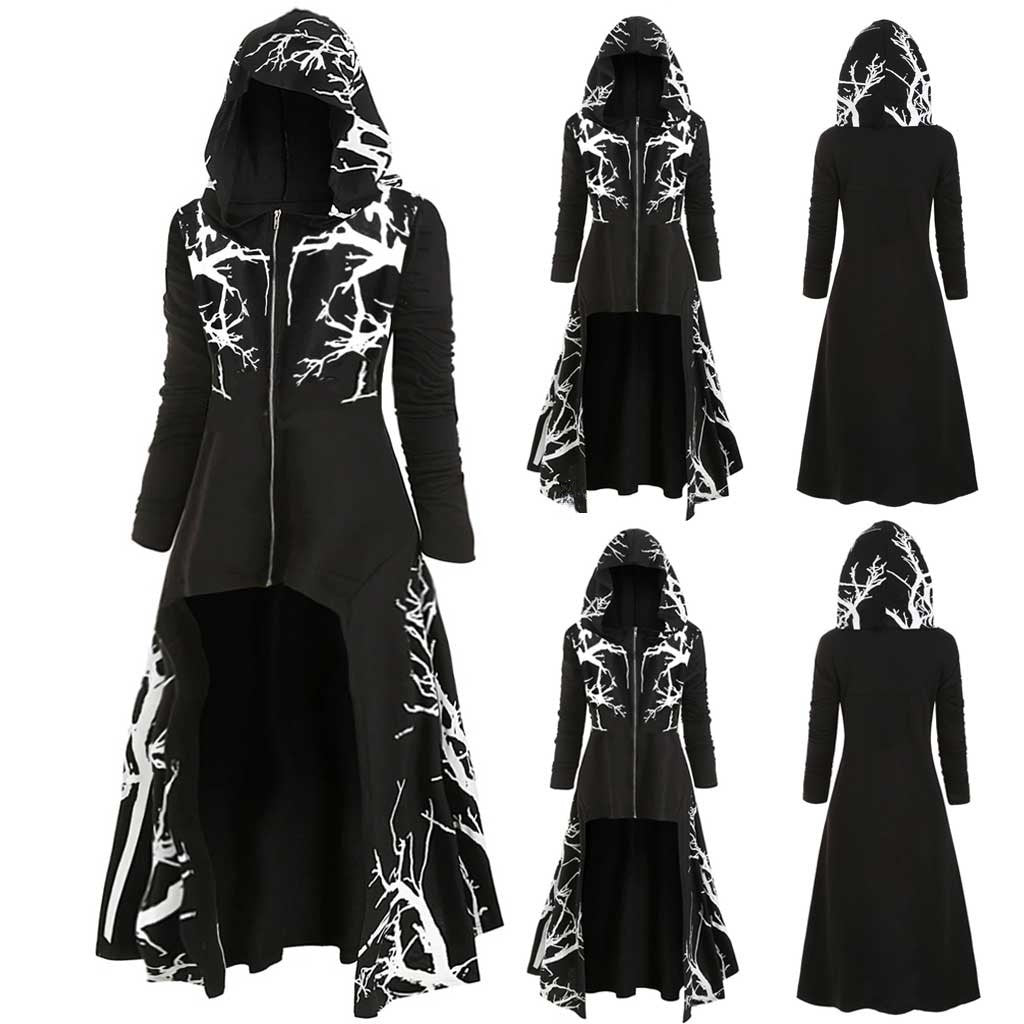 Halloween Costume Cloak with Hood Irregular Hem Printed Long Sleeve Coat