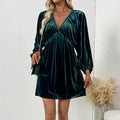 Lantern Sleeve Deep V Neck Velvet Dress