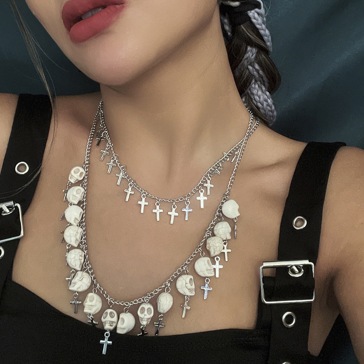 New Halloween Skull Cross Dark Punk Retro Gothic Double Sweater Chain Necklace