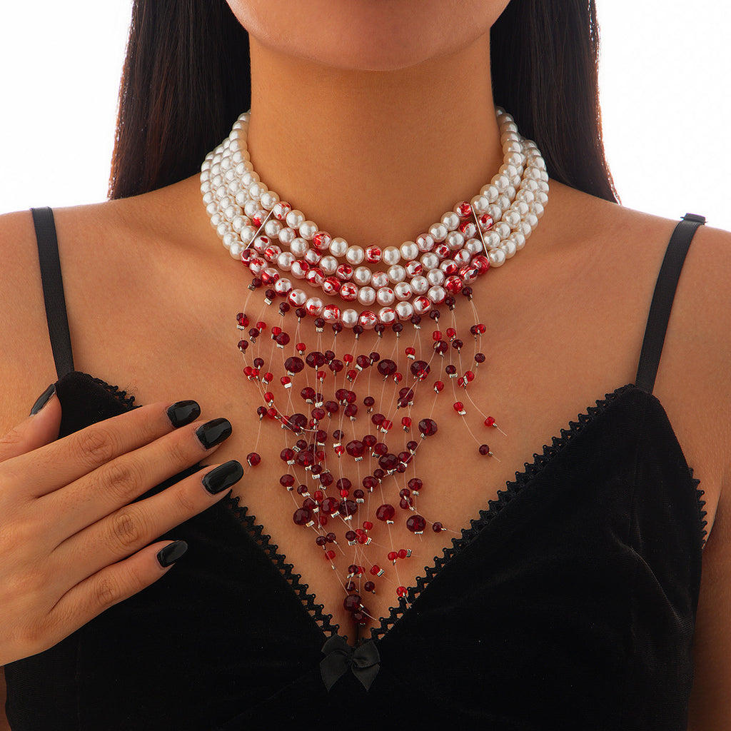 Gothic style pearl necklace choker Halloween blood drop tassel crystal collarbone chain