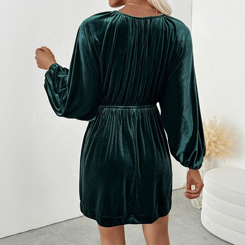 Lantern Sleeve Deep V Neck Velvet Dress