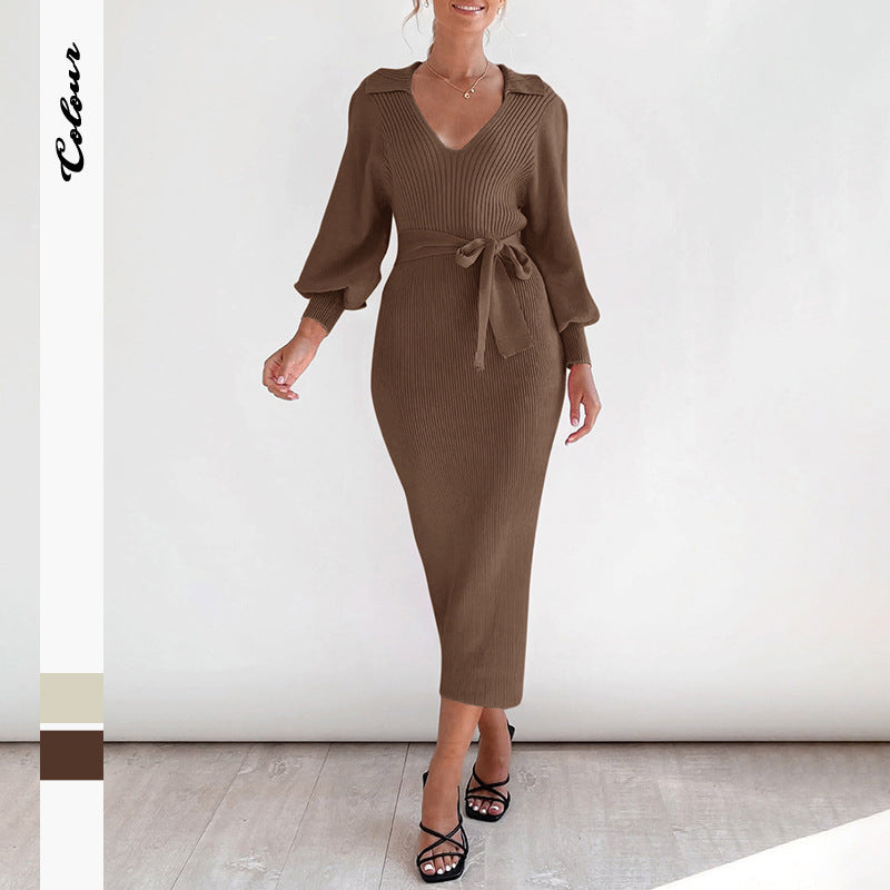 Long Lantern Sleeve Waist Cinching Long Knitted Sweater Dress