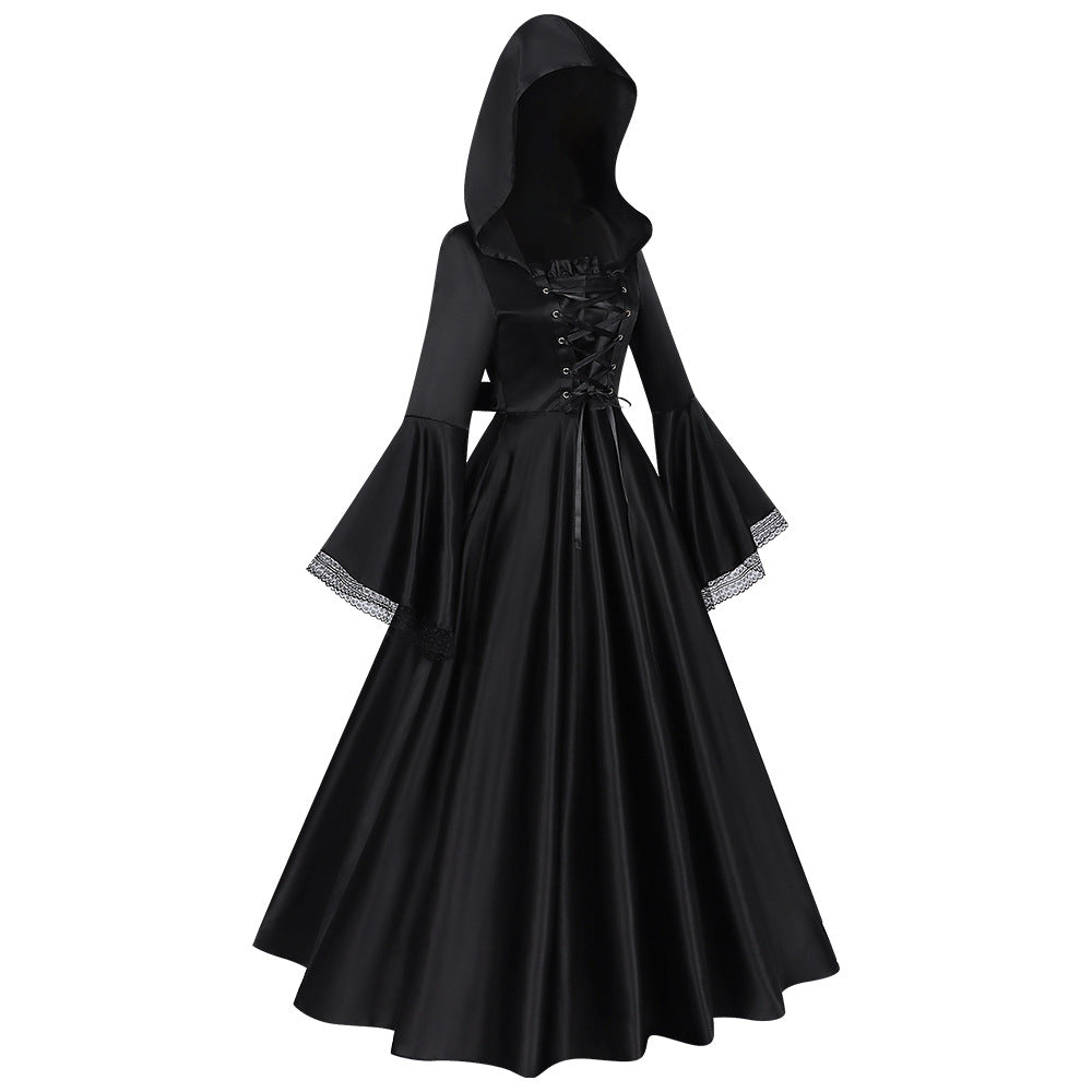 Halloween Midnight Gothic Hooded Long Dress for Women, Medieval Witch Costume, Renaissance Ball Cosplay Outfit