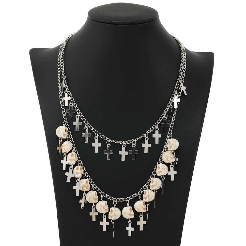New Halloween Skull Cross Dark Punk Retro Gothic Double Sweater Chain Necklace