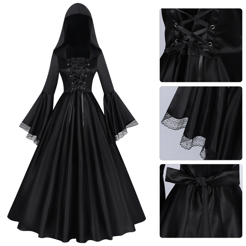 Halloween Midnight Gothic Hooded Long Dress for Women, Medieval Witch Costume, Renaissance Ball Cosplay Outfit