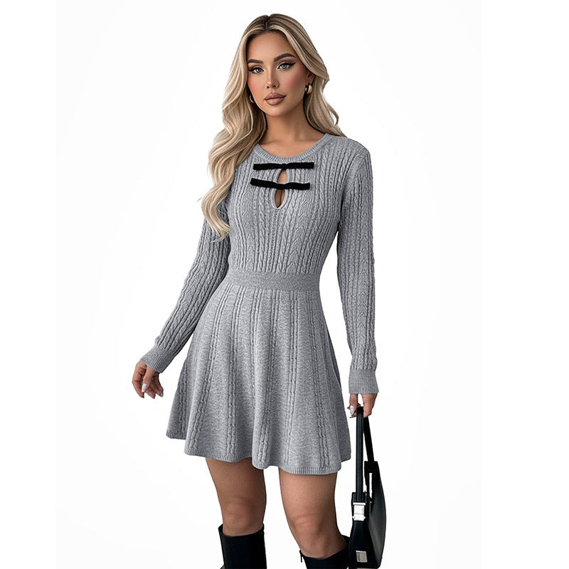 Gray Long Sleeve Textured Sweater Dress