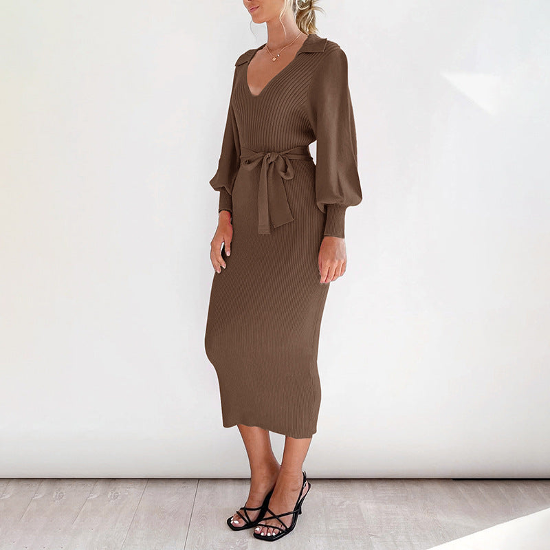 Long Lantern Sleeve Waist Cinching Long Knitted Sweater Dress