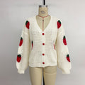 Women's Strawberry Jacquard Long Sleeve V-Neck Knit Cardigan