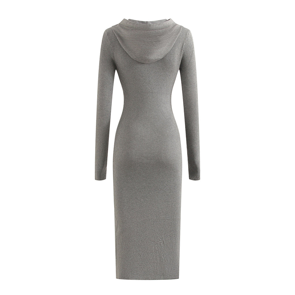 Long Sleeve Hooded Knit Dress with Side Slit Over Knee Slim Fit Pencil Dress
