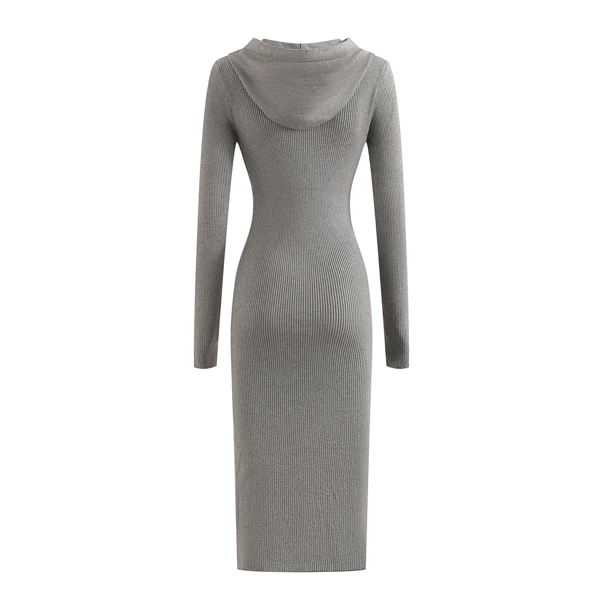 Long Sleeve Hooded Knit Dress with Side Slit Over Knee Slim Fit Pencil Dress