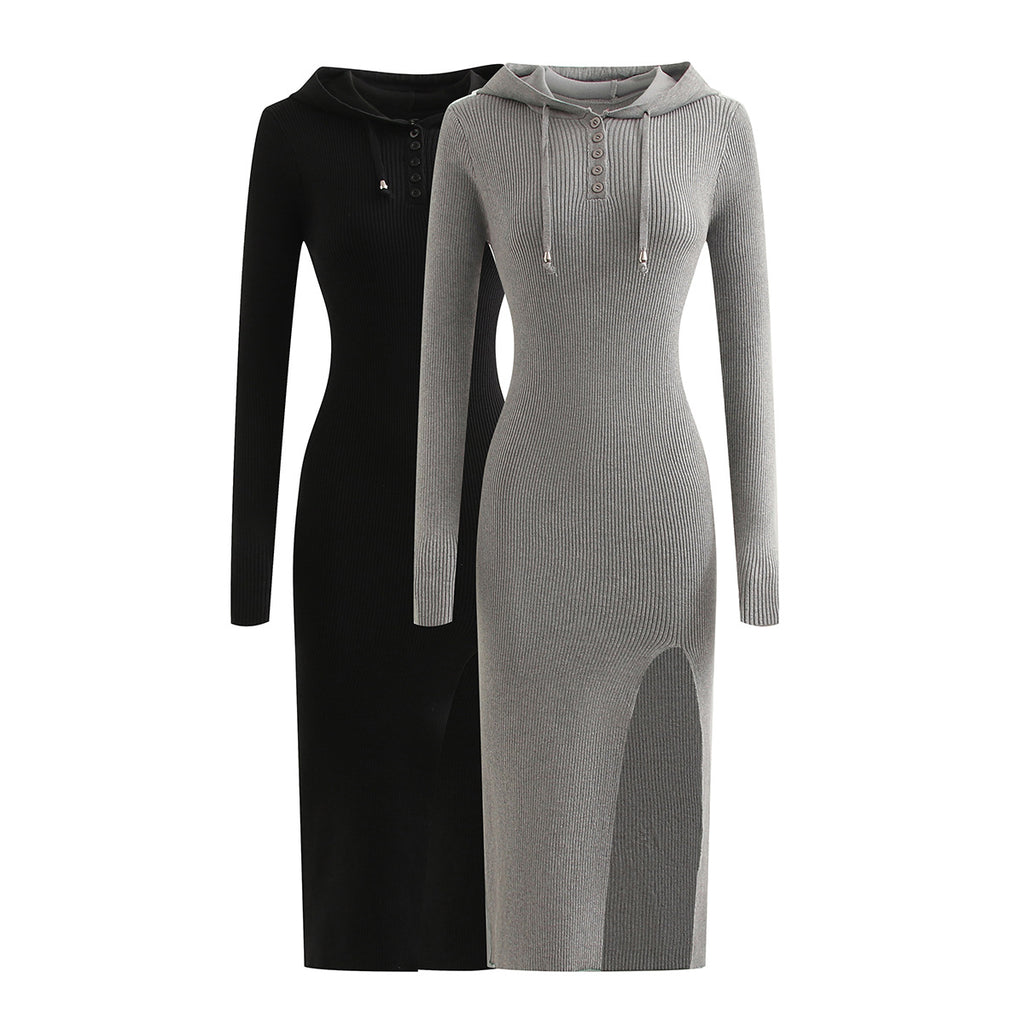 Long Sleeve Hooded Knit Dress with Side Slit Over Knee Slim Fit Pencil Dress