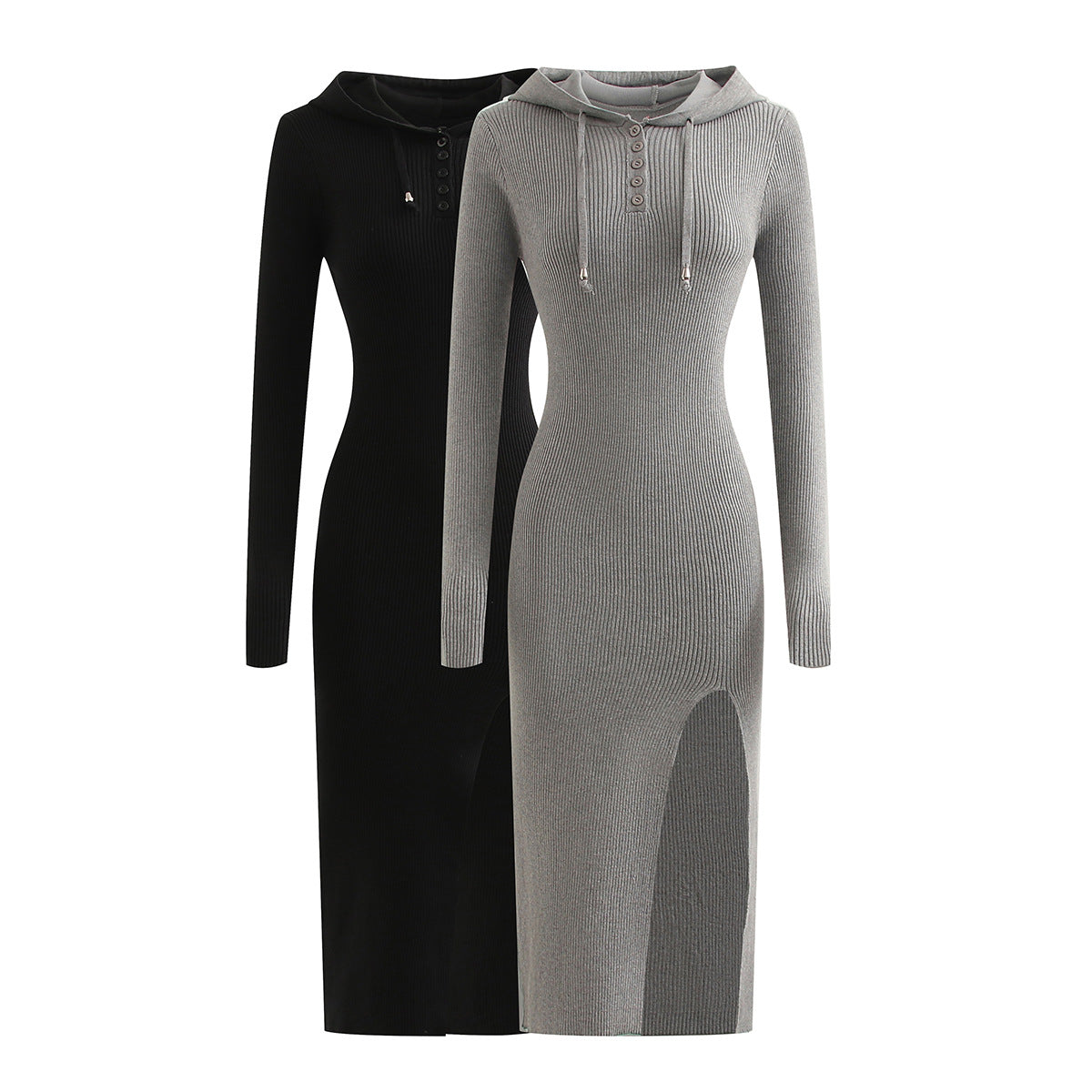 Long Sleeve Hooded Knit Dress with Side Slit Over Knee Slim Fit Pencil Dress