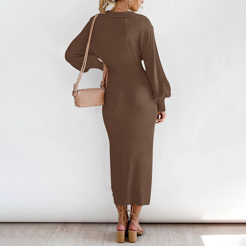 Long Lantern Sleeve Waist Cinching Long Knitted Sweater Dress