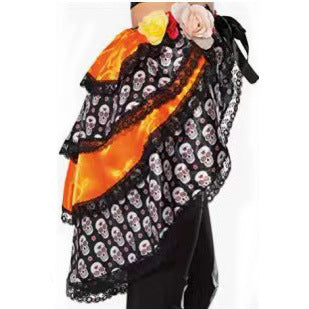 Halloween Ghost Bride Skull Waist Skirt, Four-Layer Ruffled Skirt with Floral Tie at Waist, Puffy Layered Midi Skirt