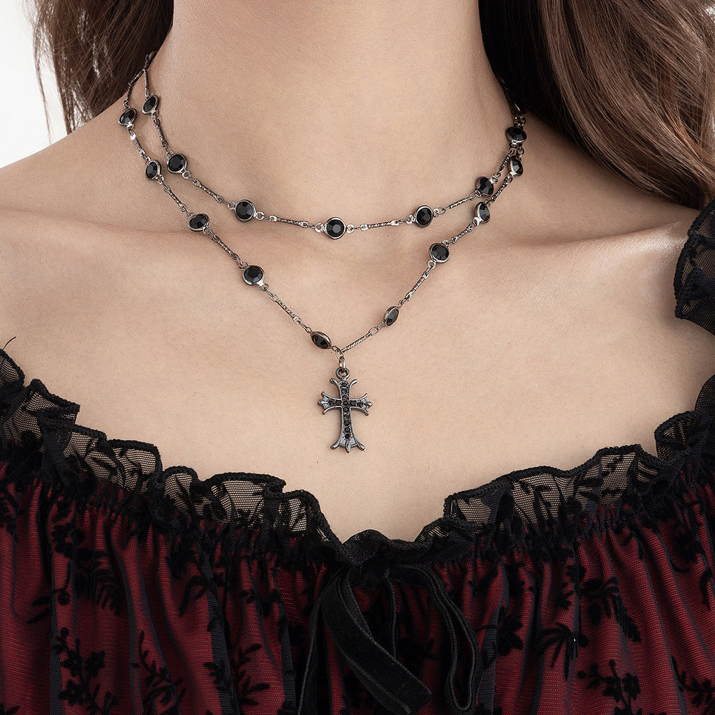 Dark style cross double layered necklace Halloween personalized alloy spicy girl collarbone chain