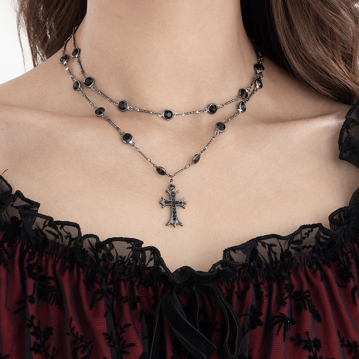 Dark style cross double layered necklace Halloween personalized alloy spicy girl collarbone chain