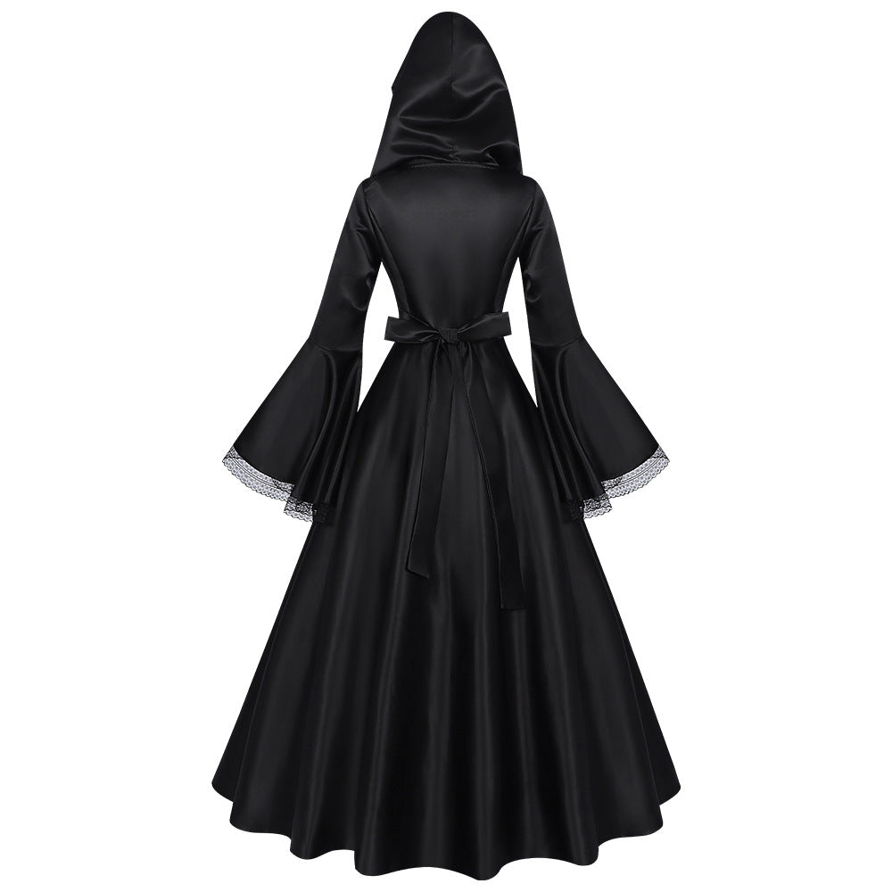 Halloween Midnight Gothic Hooded Long Dress for Women, Medieval Witch Costume, Renaissance Ball Cosplay Outfit