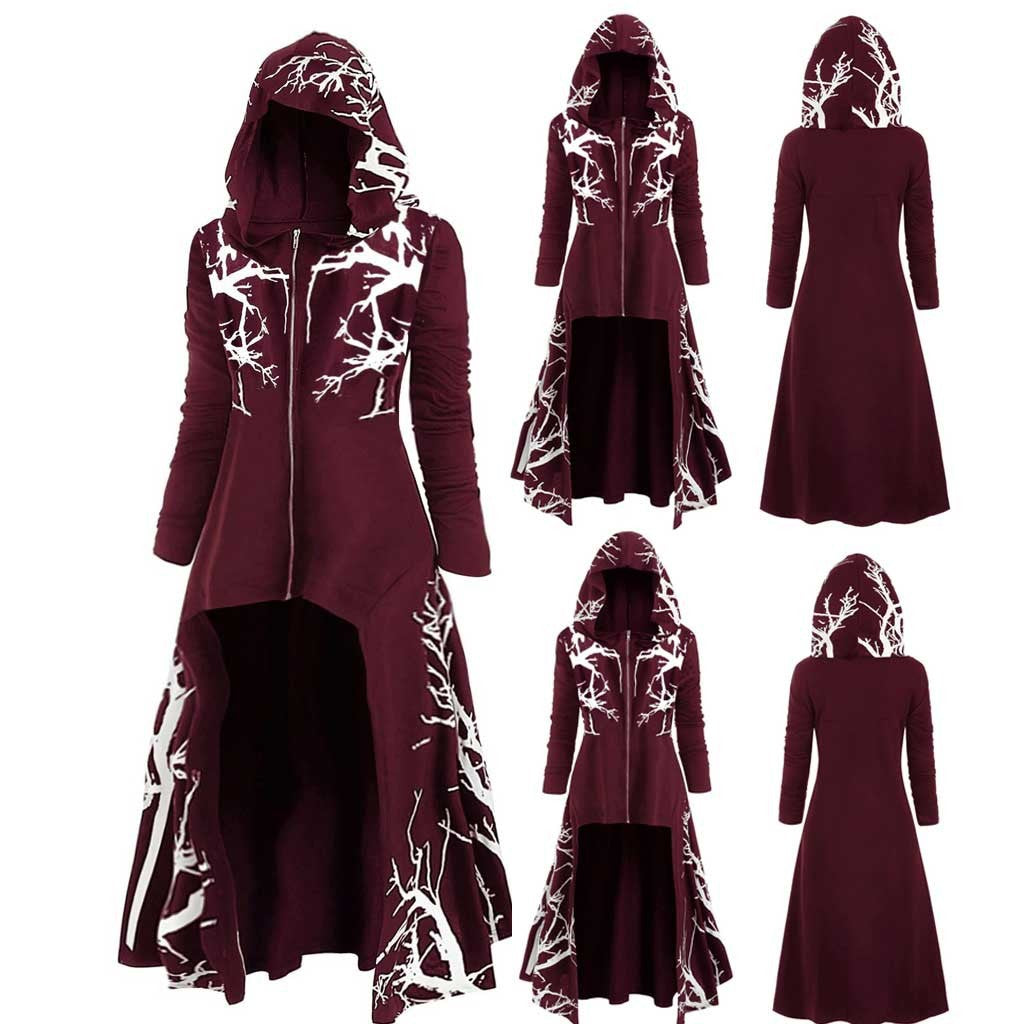 Halloween Costume Cloak with Hood Irregular Hem Printed Long Sleeve Coat