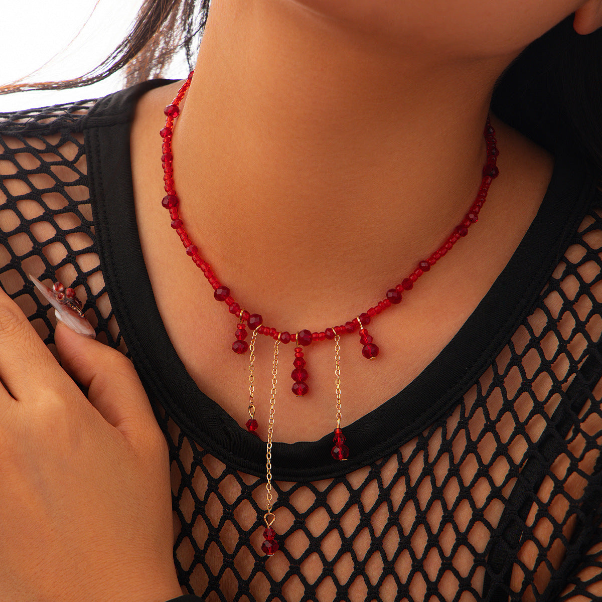 Cold Wind Blood Drop Crystal Necklace Halloween tassel Copper Clad Iron Clavicle Neck Chain Female