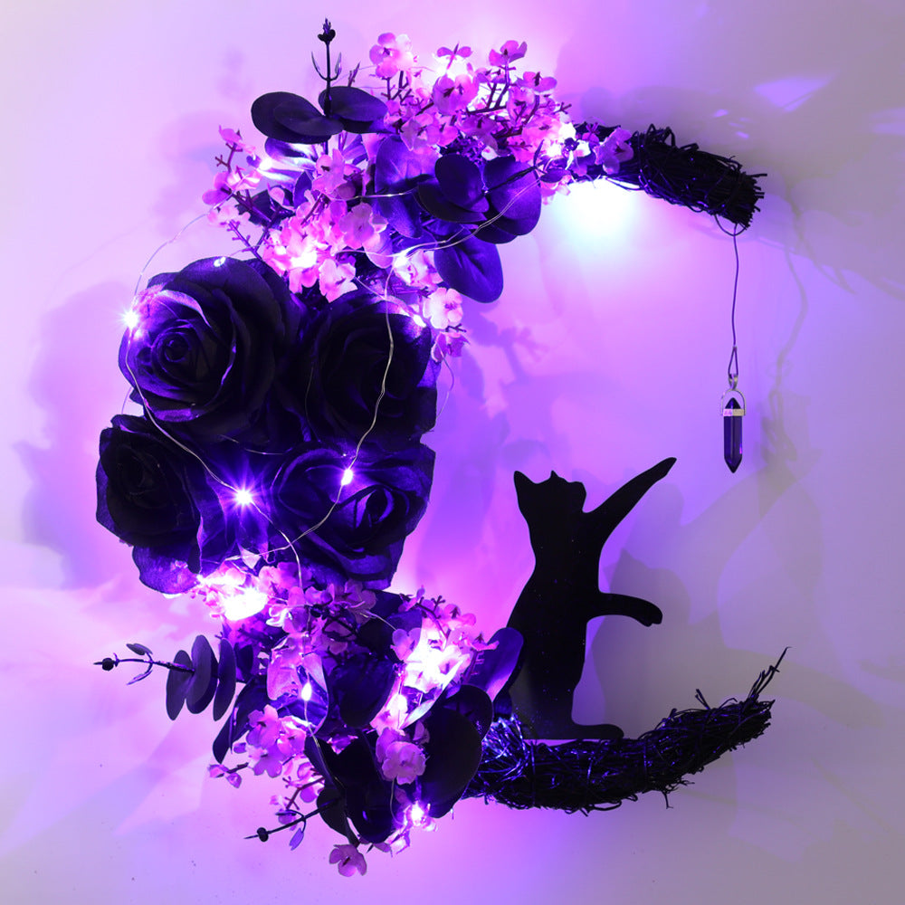Halloween Moon Cat Wreath Decoration LED Black Rose Dry Branch Artificial Vine Circle Ornament Props