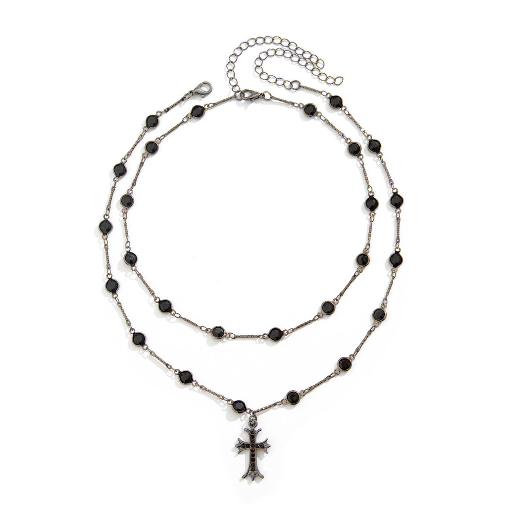 Dark style cross double layered necklace Halloween personalized alloy spicy girl collarbone chain