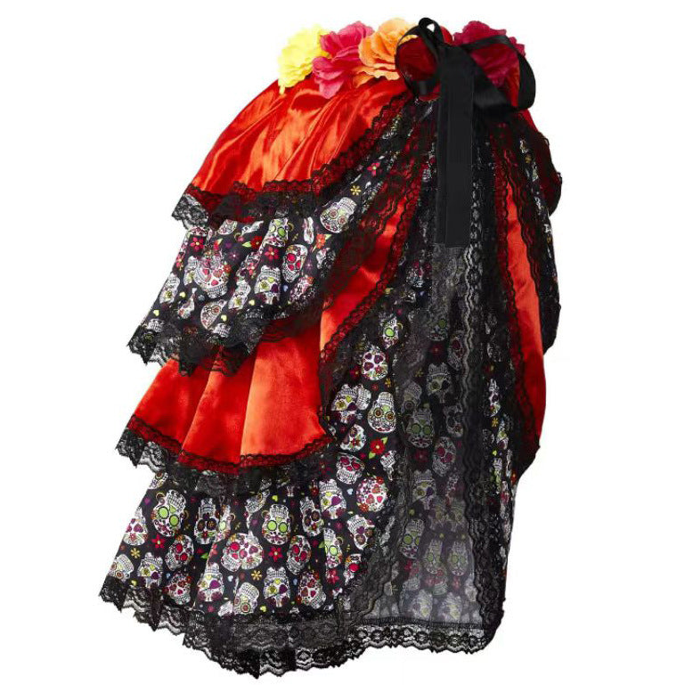 Halloween Ghost Bride Skull Waist Skirt, Four-Layer Ruffled Skirt with Floral Tie at Waist, Puffy Layered Midi Skirt