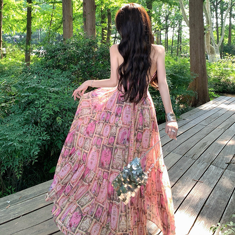 Summer V-neck Halter Fashionable Luxury Tarot Print Chiffon Flared Long Dress