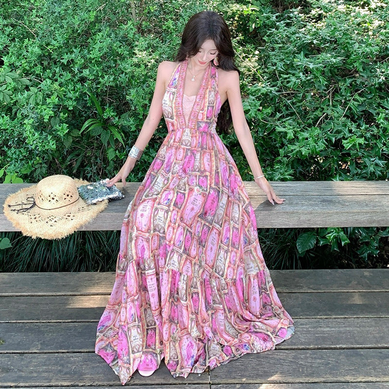 Summer V-neck Halter Fashionable Luxury Tarot Print Chiffon Flared Long Dress
