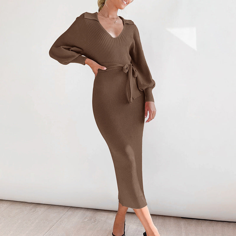 Long Lantern Sleeve Waist Cinching Long Knitted Sweater Dress