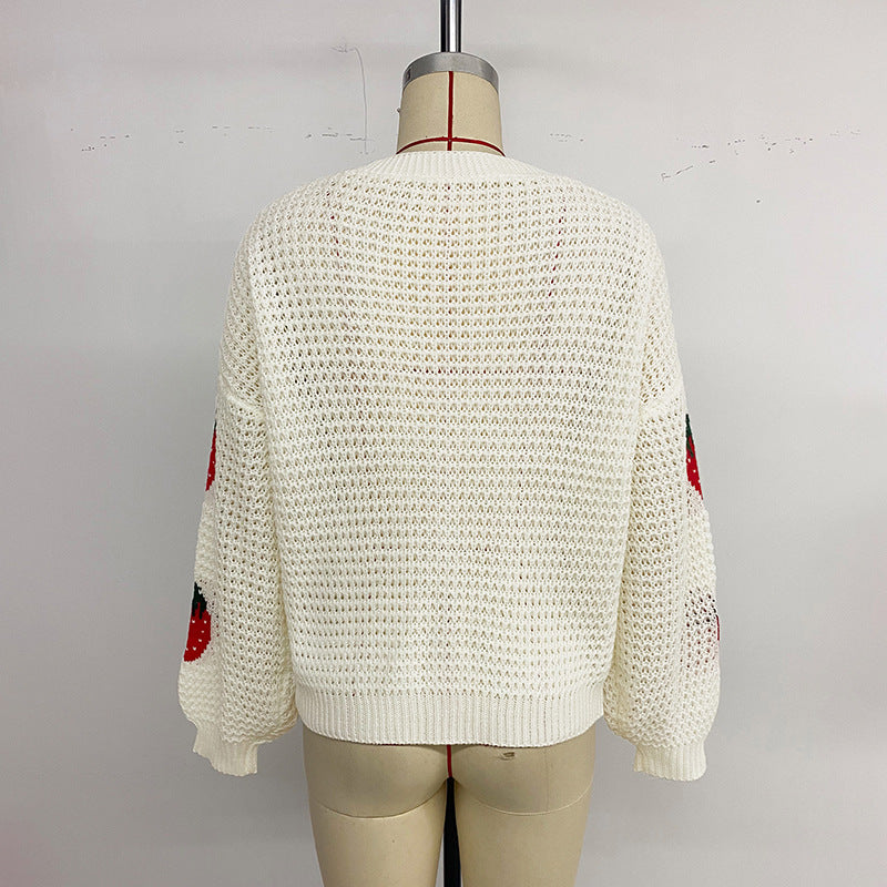 Women's Strawberry Jacquard Long Sleeve V-Neck Knit Cardigan