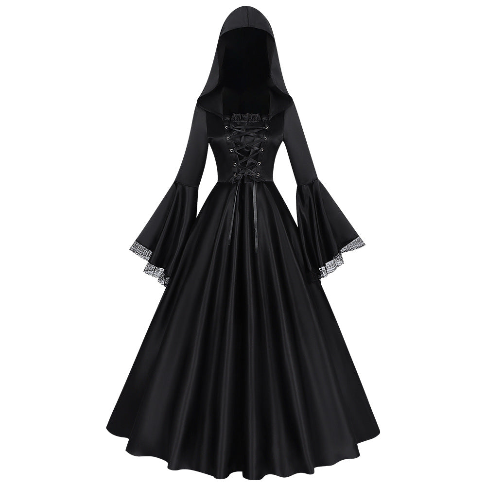 Halloween Midnight Gothic Hooded Long Dress for Women, Medieval Witch Costume, Renaissance Ball Cosplay Outfit