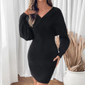 Batwing Sleeve V-Neck Waist-Cinching Bodycon Sweater Dress