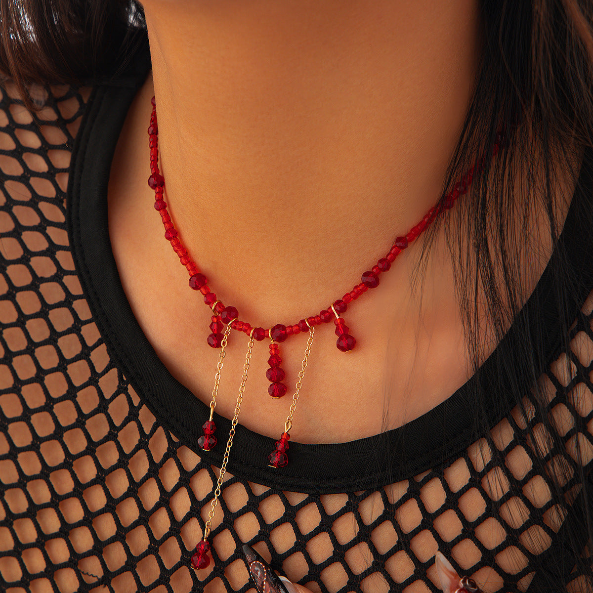 Cold Wind Blood Drop Crystal Necklace Halloween tassel Copper Clad Iron Clavicle Neck Chain Female