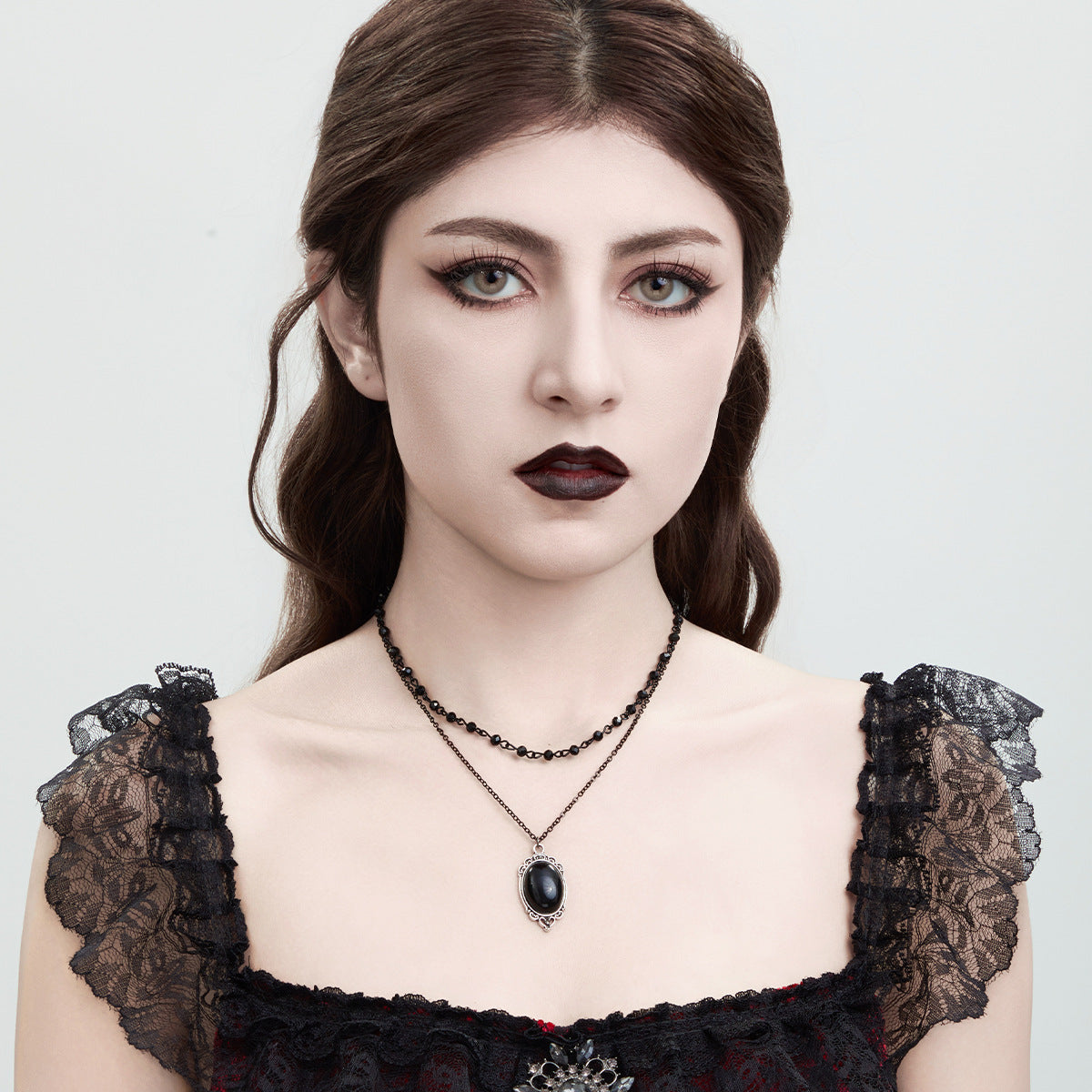 Crystal bead collarbone chain Halloween party dark style multi-layer lace necklace