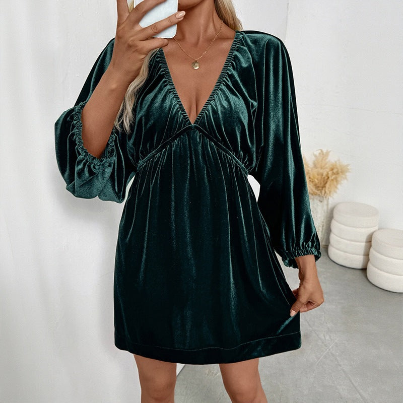 Lantern Sleeve Deep V Neck Velvet Dress