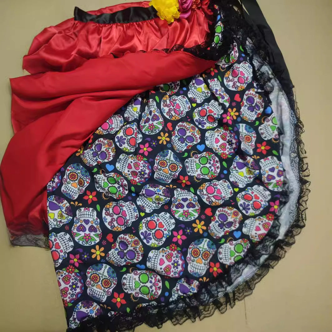 Halloween Ghost Bride Skull Waist Skirt, Four-Layer Ruffled Skirt with Floral Tie at Waist, Puffy Layered Midi Skirt