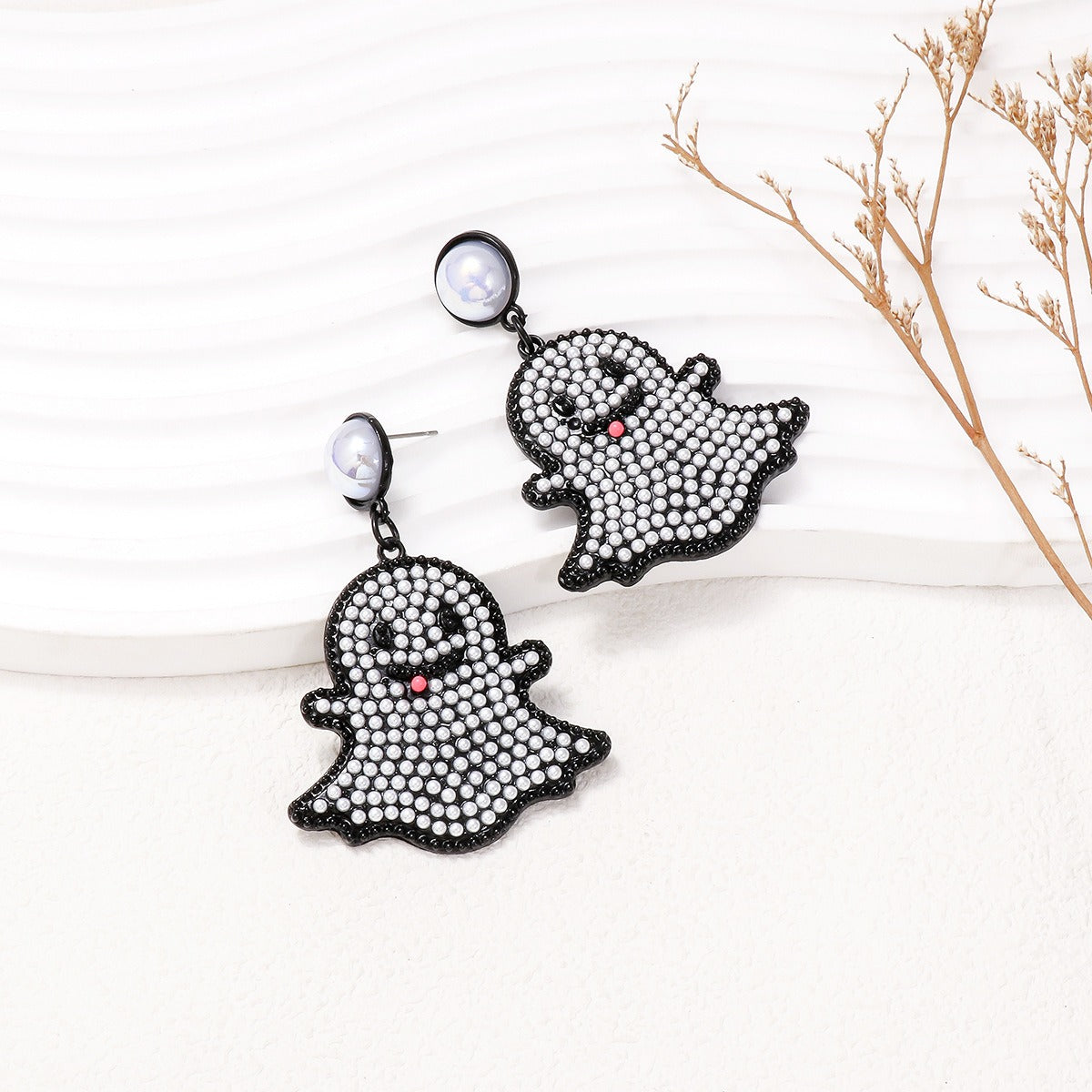 Cartoon funny and cute little ghost pearl ghost face earrings Halloween ghost earrings