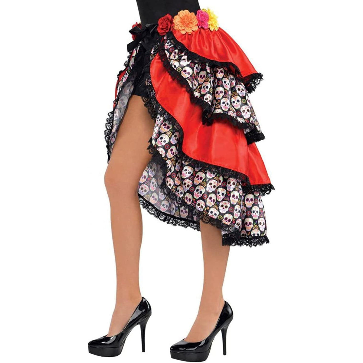 Halloween Ghost Bride Skull Waist Skirt, Four-Layer Ruffled Skirt with Floral Tie at Waist, Puffy Layered Midi Skirt