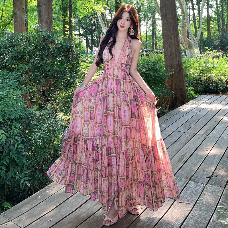 Summer V-neck Halter Fashionable Luxury Tarot Print Chiffon Flared Long Dress
