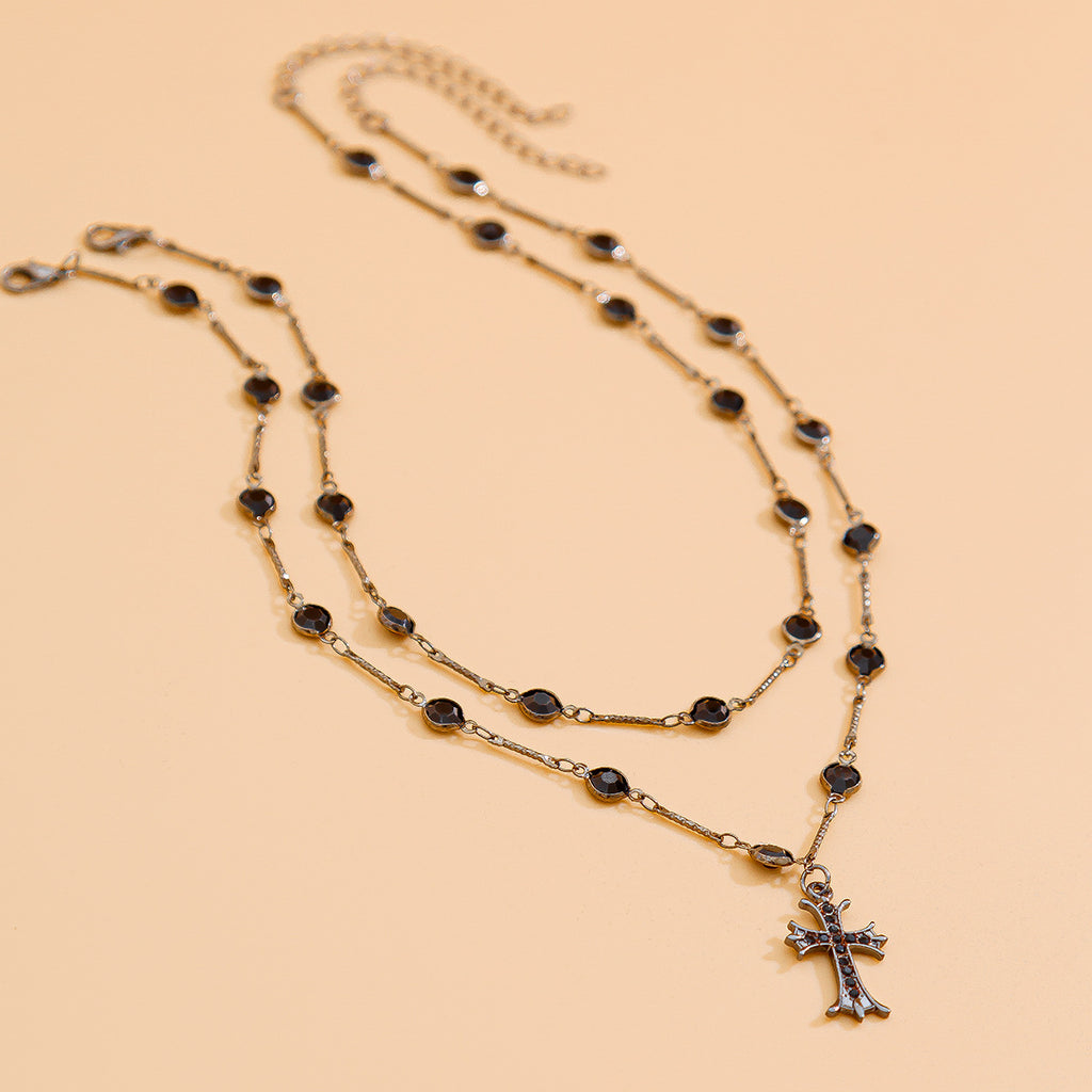 Dark style cross double layered necklace Halloween personalized alloy spicy girl collarbone chain
