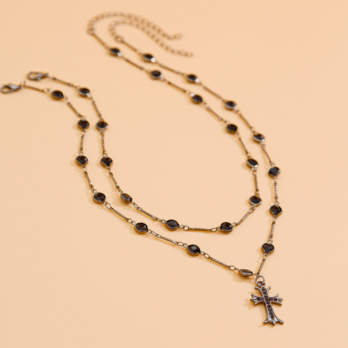 Dark style cross double layered necklace Halloween personalized alloy spicy girl collarbone chain