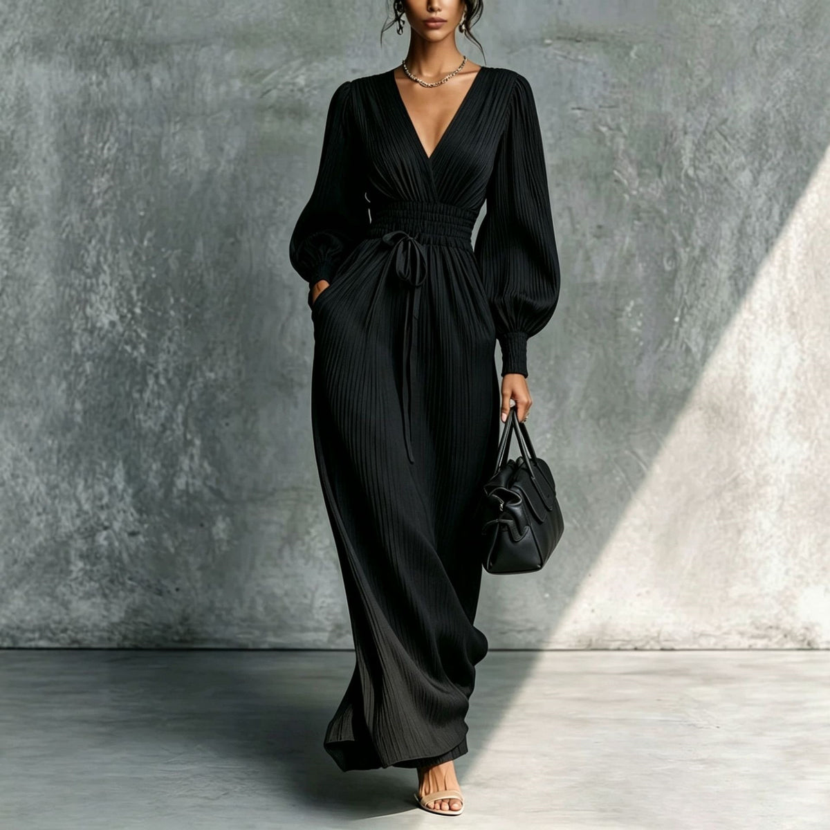 Solid color casual waist cinched long sleeved dress